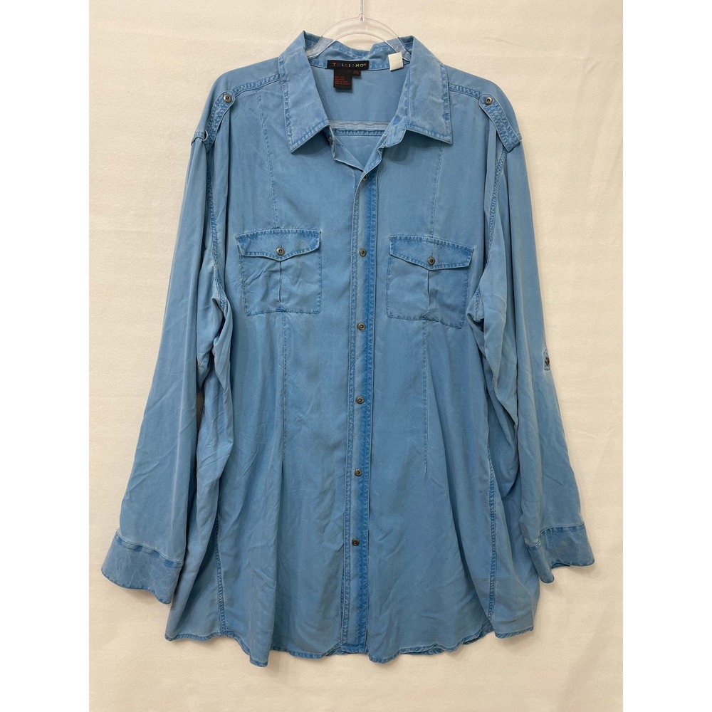 Tulliano 100% Silk Shirt Mens 2XL Long Sleeve Button Front Chambray Blue Travel